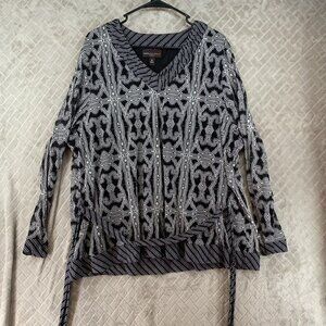 Dana Buchman Womans 3X Top Blouse Black Gray Geometric Long Sleeve Belt